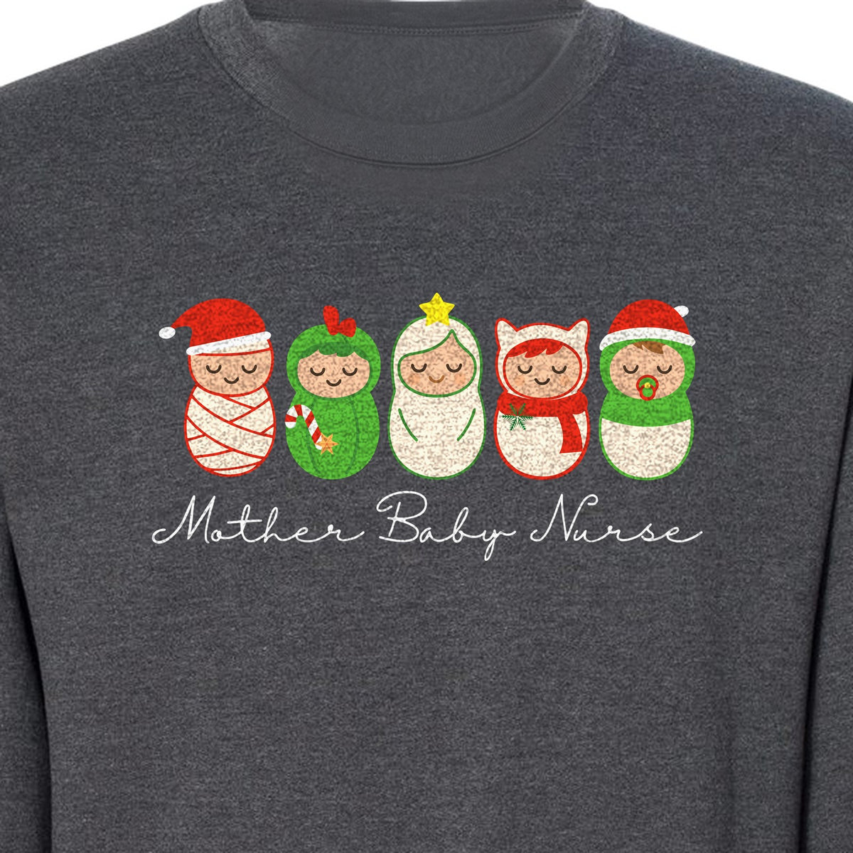 Mother Baby Nurse Sweatshirt, Christmas Swaddled Infants Design for Postpartum and Nursery Staff