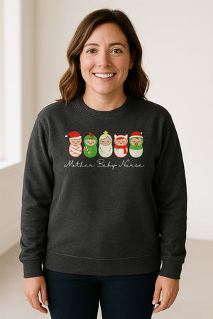 Mother Baby Nurse Sweatshirt, Christmas Swaddled Infants Design for Postpartum and Nursery Staff