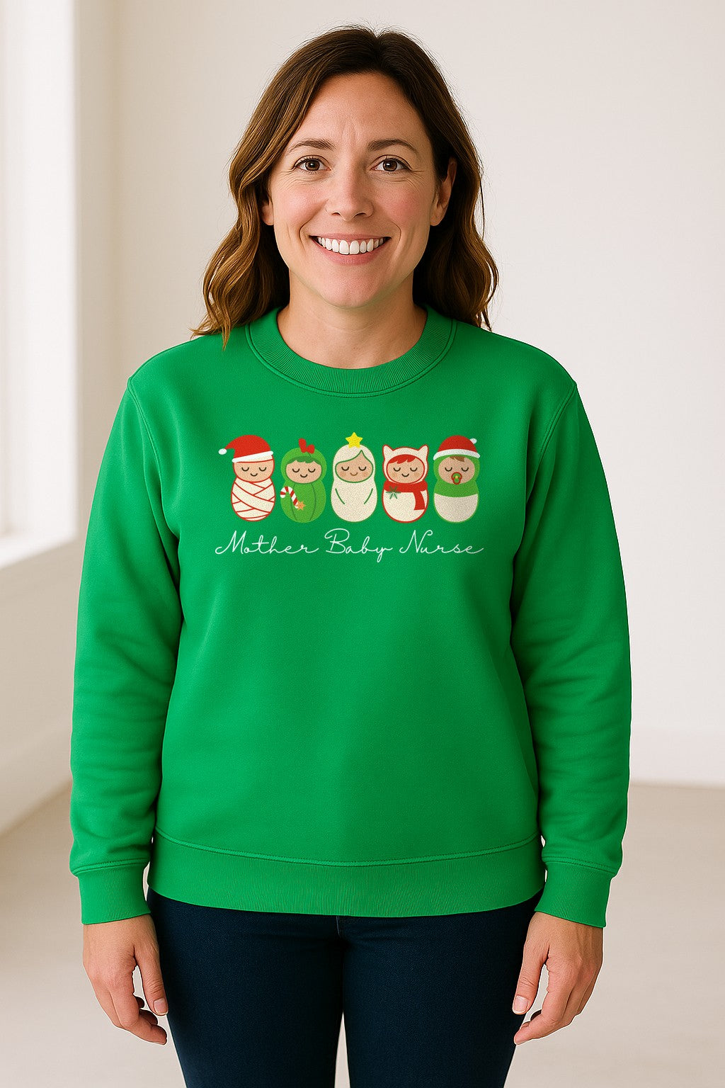 Mother Baby Nurse Sweatshirt, Christmas Swaddled Infants Design for Postpartum and Nursery Staff