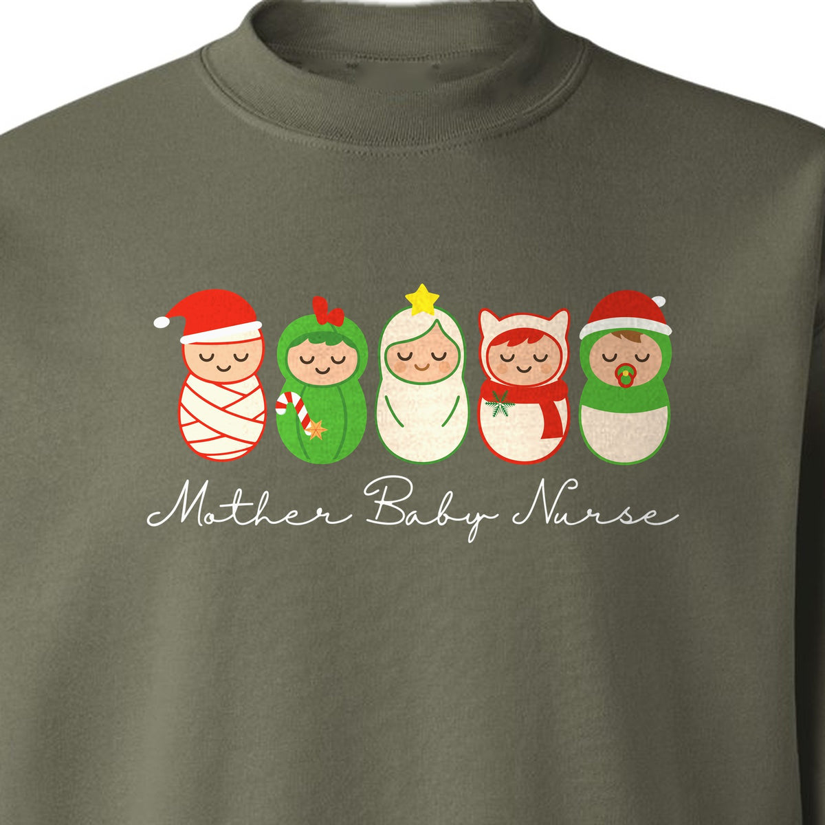 Mother Baby Nurse Sweatshirt, Christmas Swaddled Infants Design for Postpartum and Nursery Staff