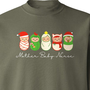 Mother Baby Nurse Sweatshirt, Christmas Swaddled Infants Design for Postpartum and Nursery Staff