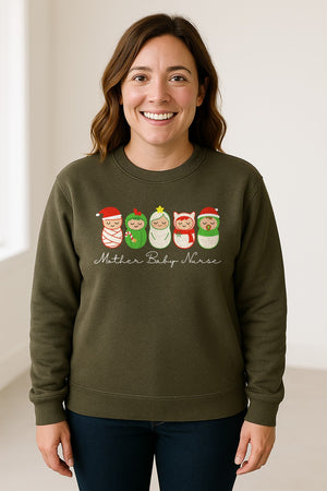 Mother Baby Nurse Sweatshirt, Christmas Swaddled Infants Design for Postpartum and Nursery Staff