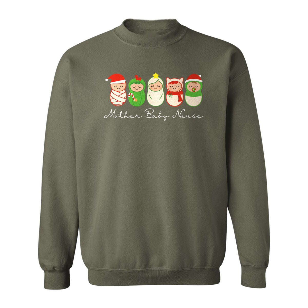 Mother Baby Nurse Sweatshirt, Christmas Swaddled Infants Design for Postpartum and Nursery Staff