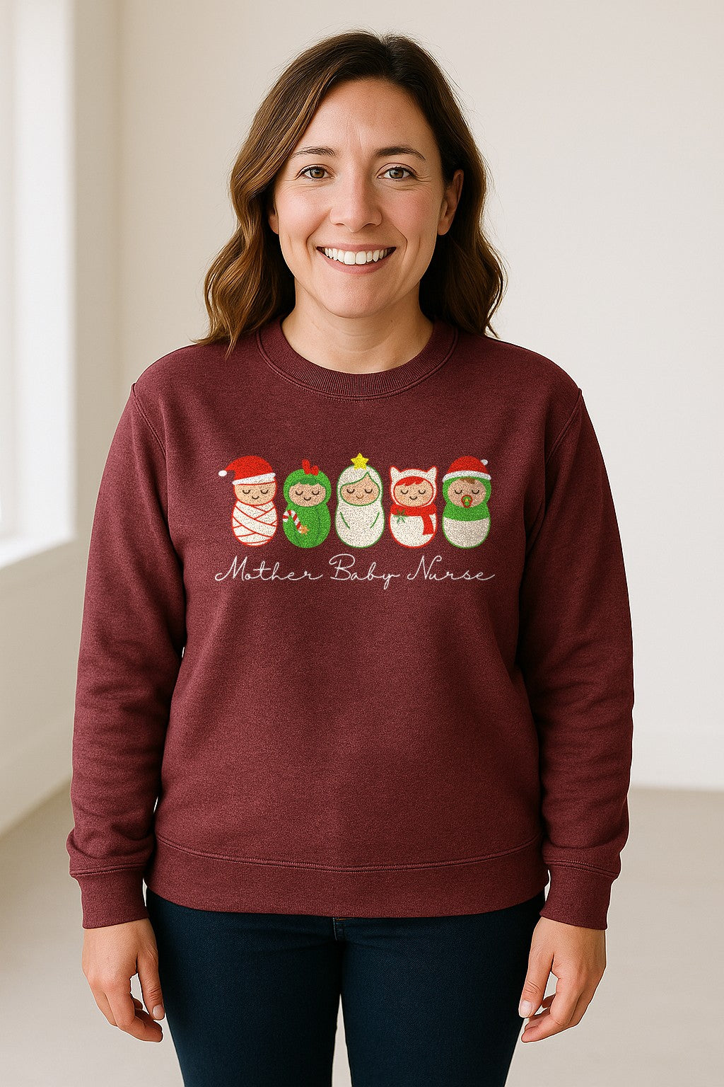 Mother Baby Nurse Sweatshirt, Christmas Swaddled Infants Design for Postpartum and Nursery Staff