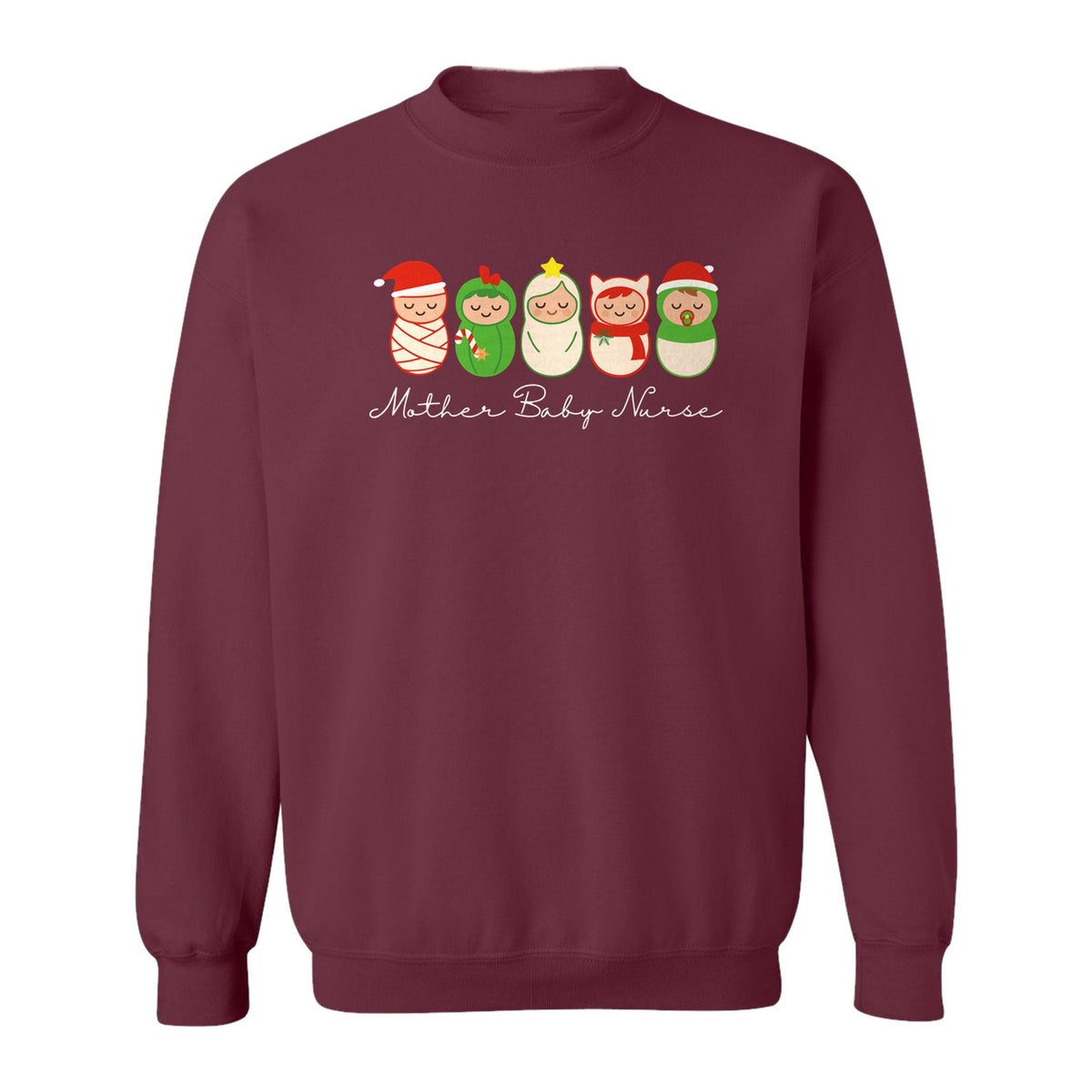Mother Baby Nurse Sweatshirt, Christmas Swaddled Infants Design for Postpartum and Nursery Staff