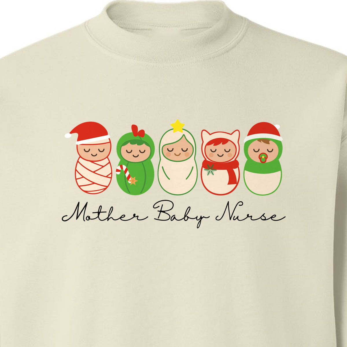 Mother Baby Nurse Sweatshirt, Christmas Swaddled Infants Design for Postpartum and Nursery Staff