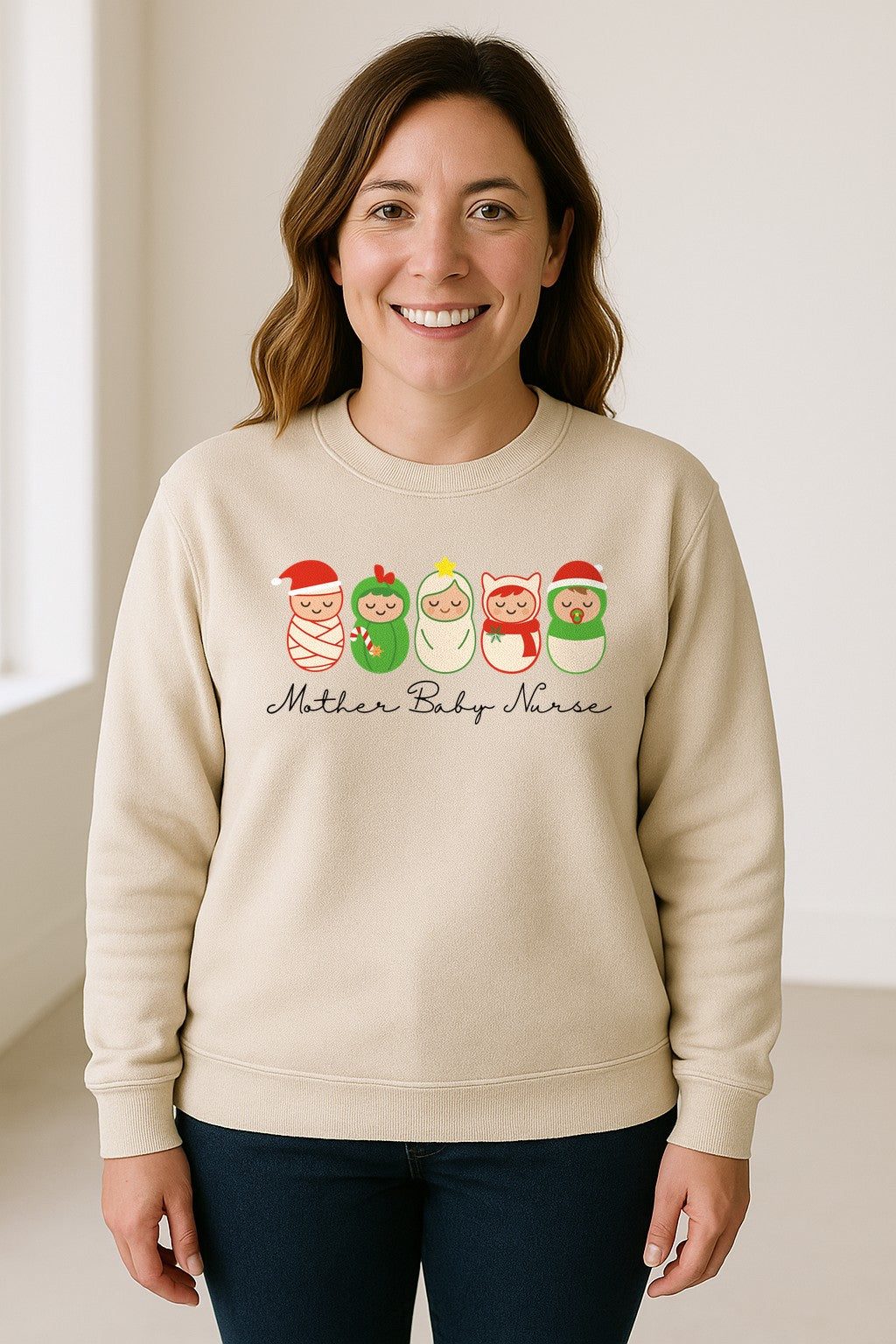 Mother Baby Nurse Sweatshirt, Christmas Swaddled Infants Design for Postpartum and Nursery Staff