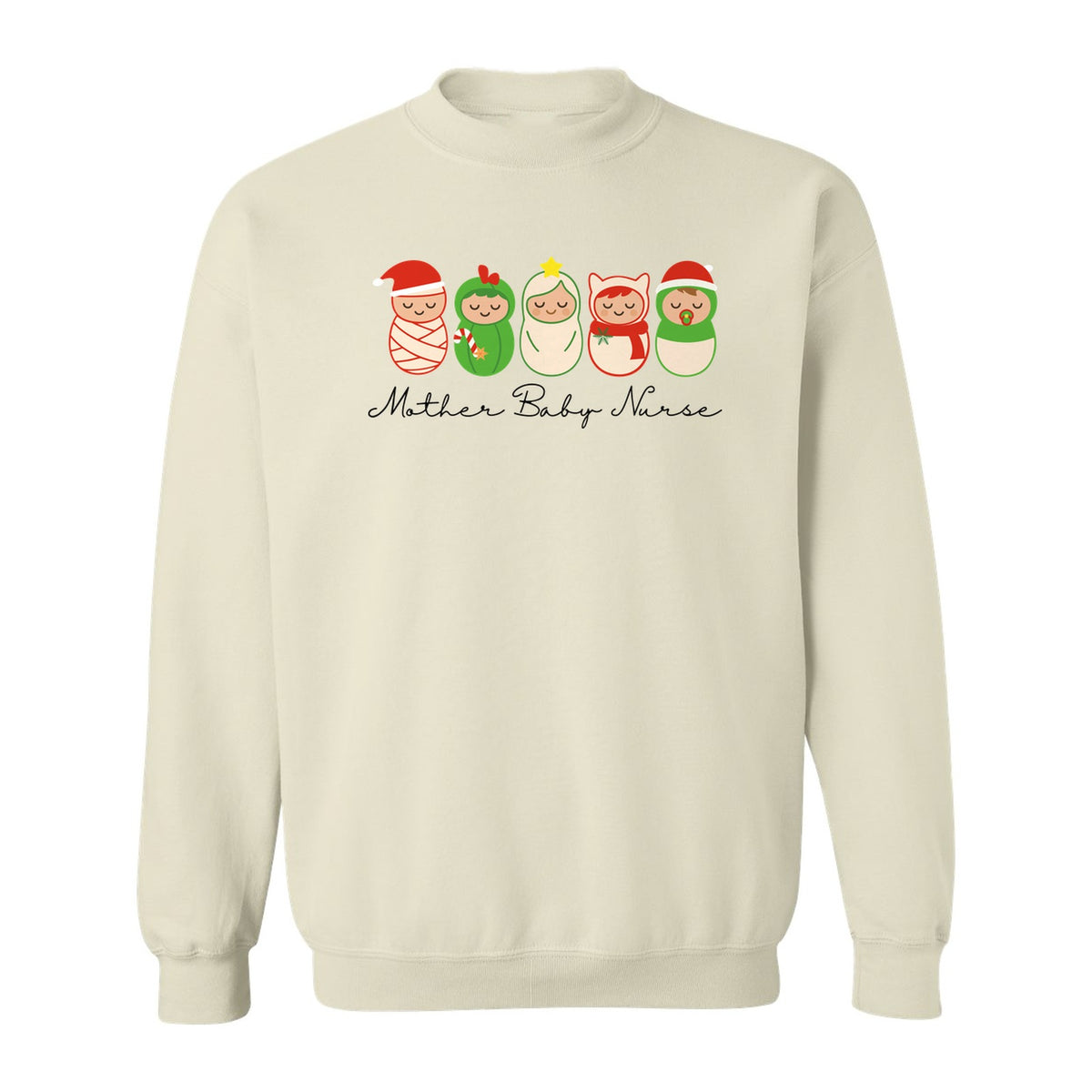 Mother Baby Nurse Sweatshirt, Christmas Swaddled Infants Design for Postpartum and Nursery Staff