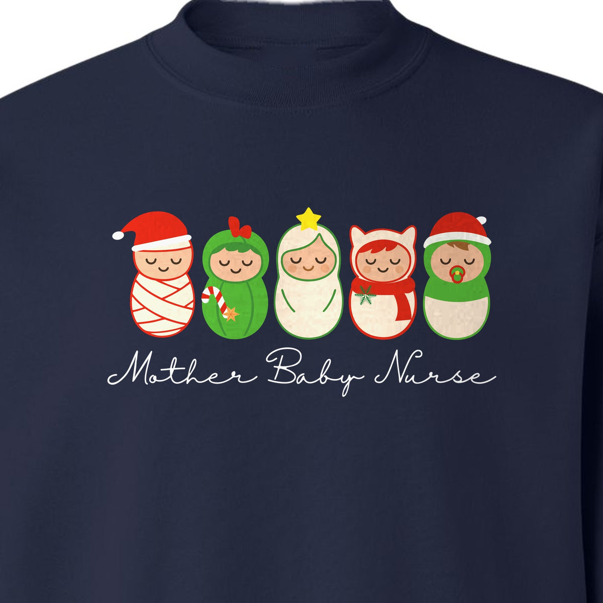 Mother Baby Nurse Sweatshirt, Christmas Swaddled Infants Design for Postpartum and Nursery Staff
