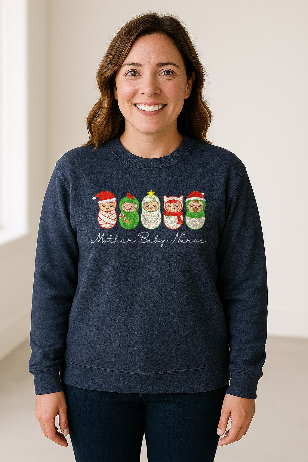 Mother Baby Nurse Sweatshirt, Christmas Swaddled Infants Design for Postpartum and Nursery Staff