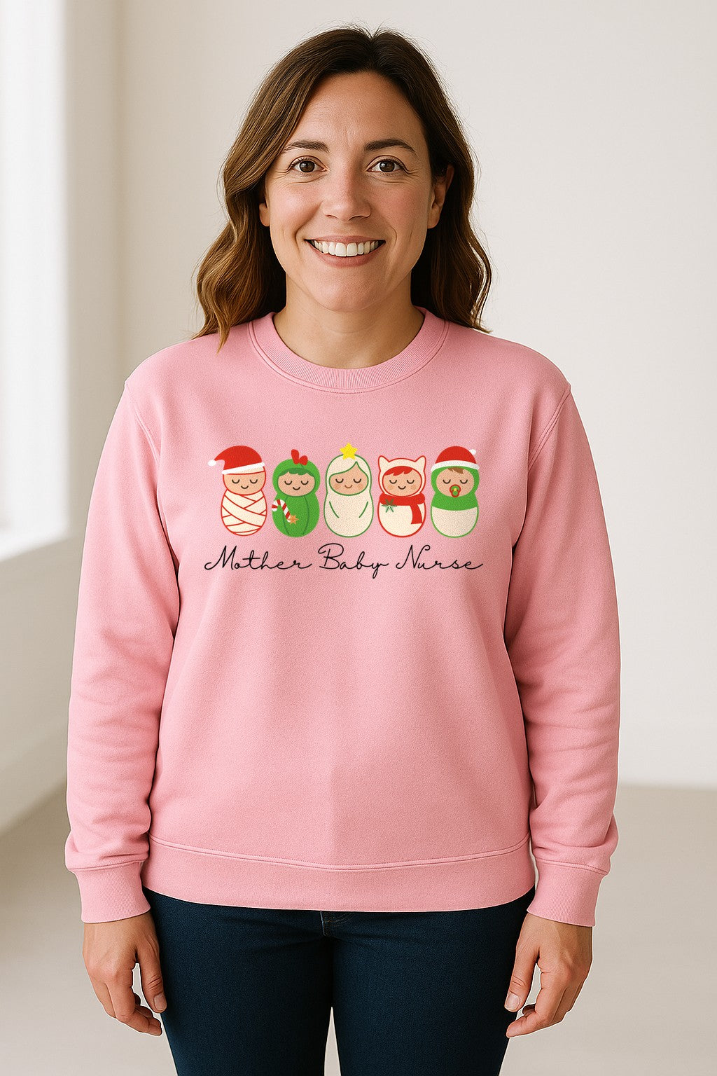 Mother Baby Nurse Sweatshirt, Christmas Swaddled Infants Design for Postpartum and Nursery Staff