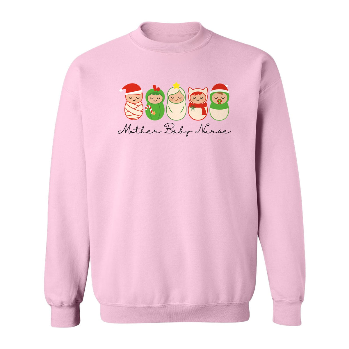 Mother Baby Nurse Sweatshirt, Christmas Swaddled Infants Design for Postpartum and Nursery Staff