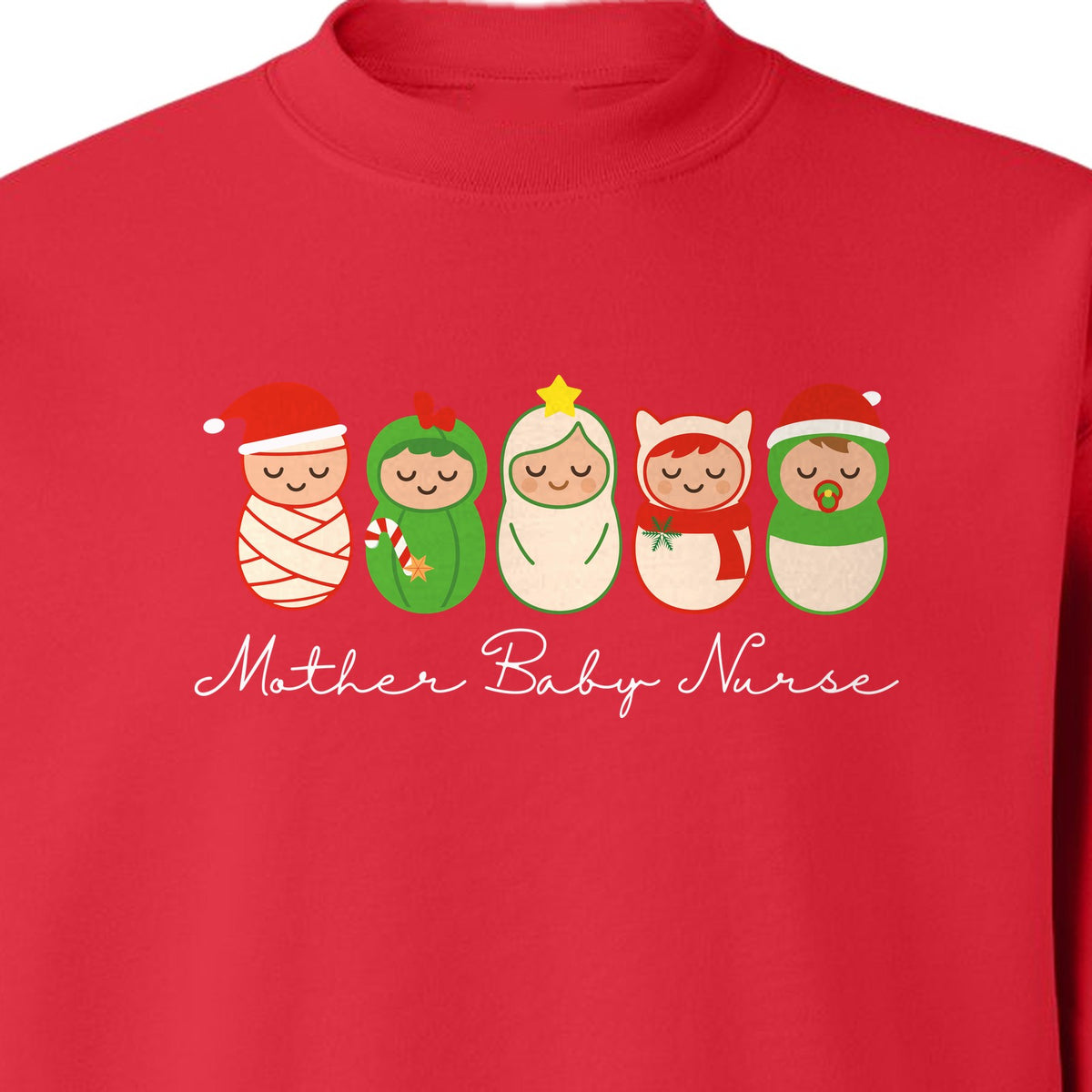 Mother Baby Nurse Sweatshirt, Christmas Swaddled Infants Design for Postpartum and Nursery Staff