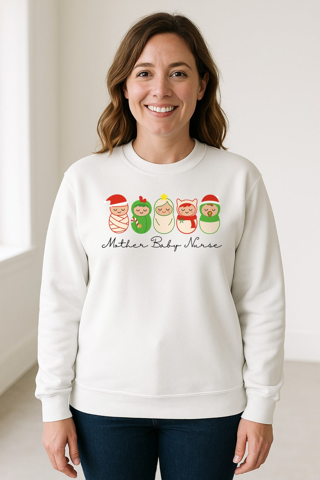 Mother Baby Nurse Sweatshirt, Christmas Swaddled Infants Design for Postpartum and Nursery Staff