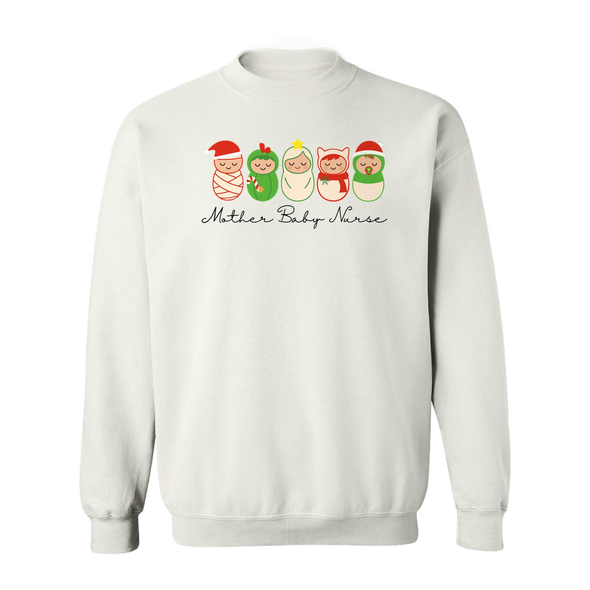 Mother Baby Nurse Sweatshirt, Christmas Swaddled Infants Design for Postpartum and Nursery Staff