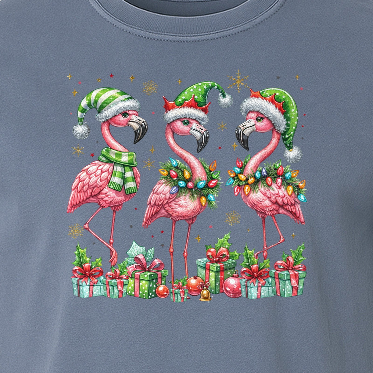 Flamingo Christmas Comfort Colors T-Shirt, Santa Hat Birds with Presents and Ornaments for Tropical Holiday Parties