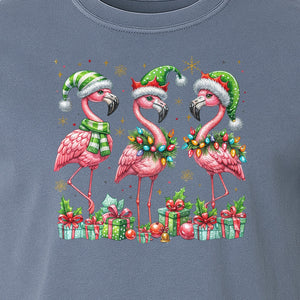 Flamingo Christmas Comfort Colors T-Shirt, Santa Hat Birds with Presents and Ornaments for Tropical Holiday Parties