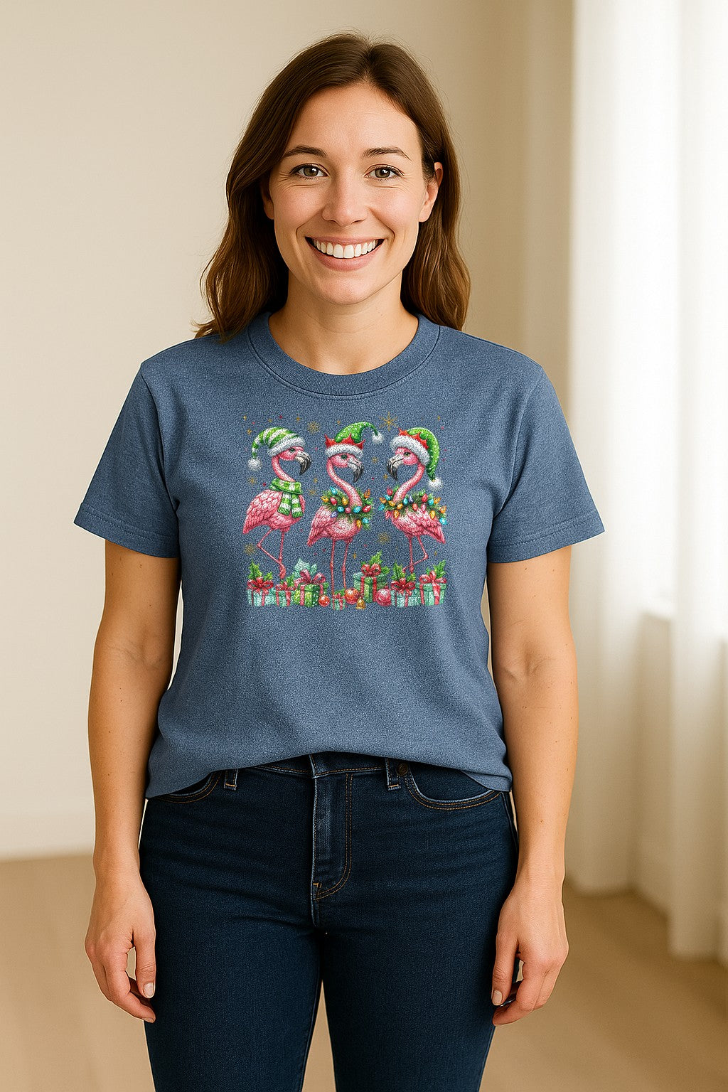 Flamingo Christmas Comfort Colors T-Shirt, Santa Hat Birds with Presents and Ornaments for Tropical Holiday Parties