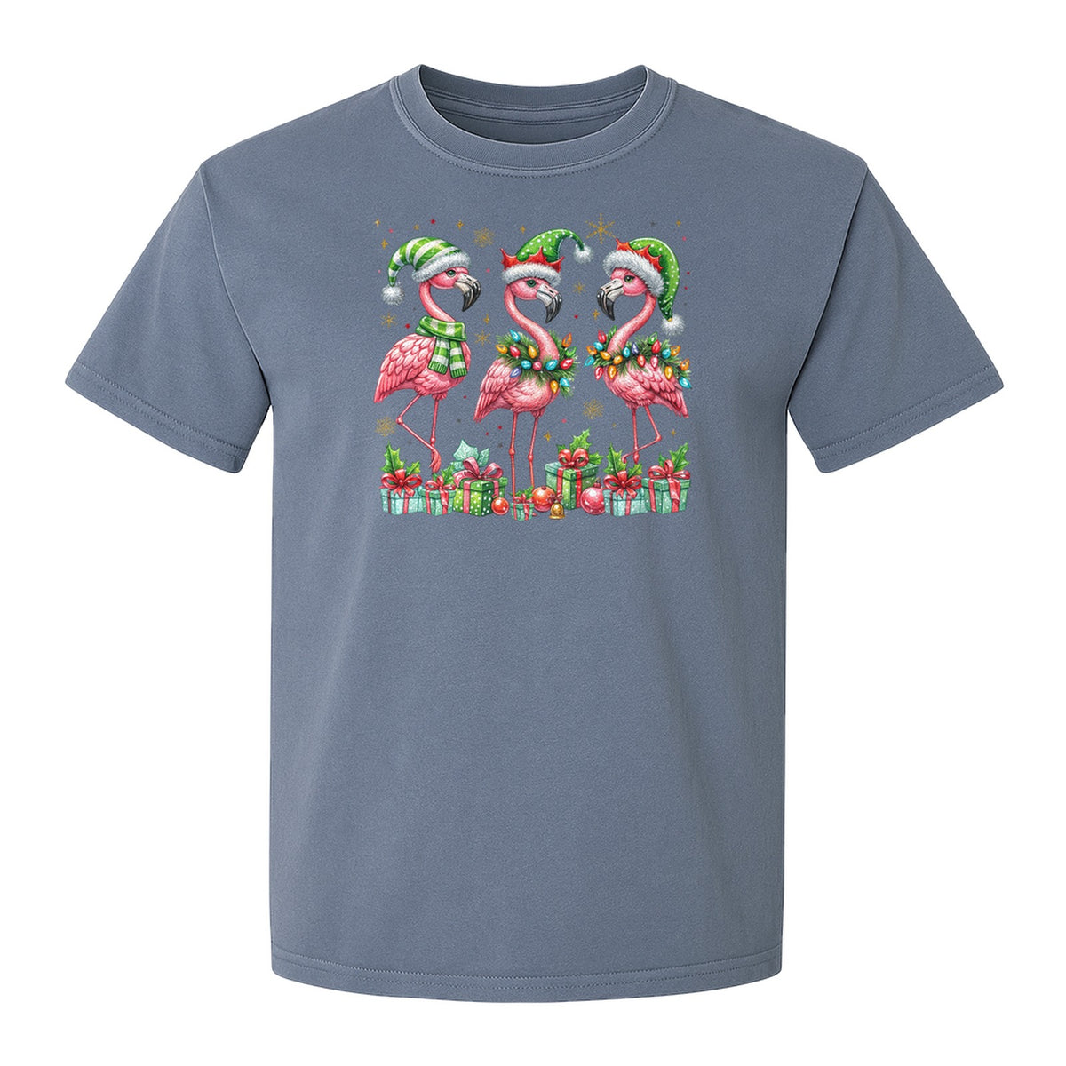 Flamingo Christmas Comfort Colors T-Shirt, Santa Hat Birds with Presents and Ornaments for Tropical Holiday Parties
