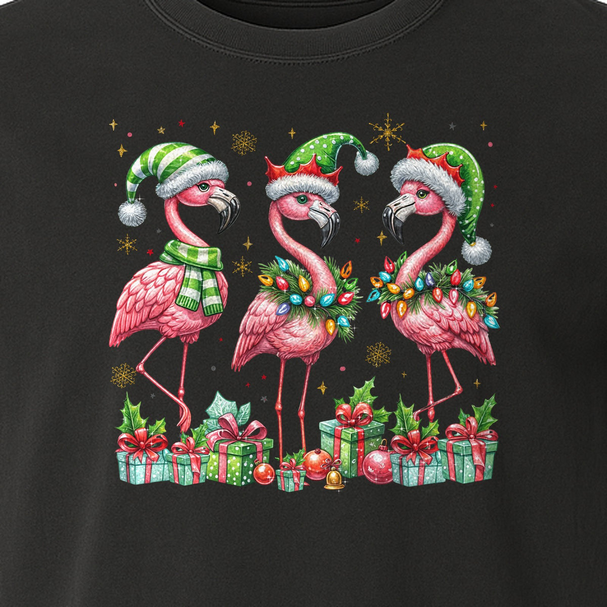 Flamingo Christmas Comfort Colors T-Shirt, Santa Hat Birds with Presents and Ornaments for Tropical Holiday Parties