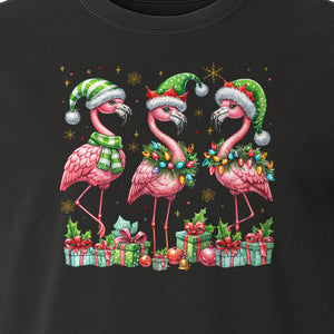 Flamingo Christmas Comfort Colors T-Shirt, Santa Hat Birds with Presents and Ornaments for Tropical Holiday Parties