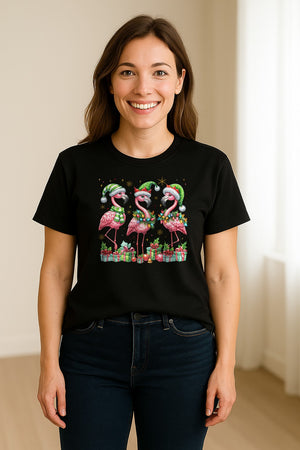 Flamingo Christmas Comfort Colors T-Shirt, Santa Hat Birds with Presents and Ornaments for Tropical Holiday Parties