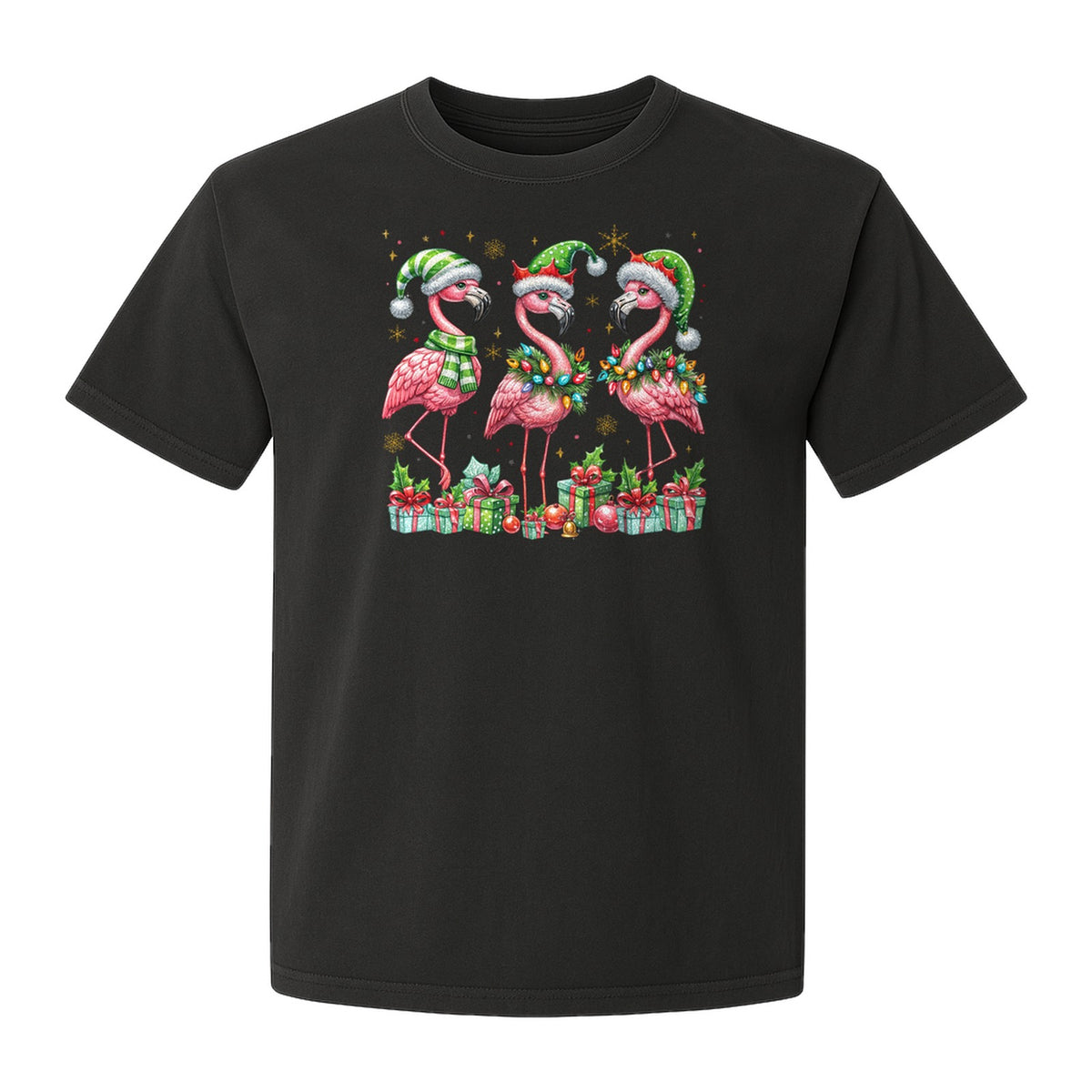 Flamingo Christmas Comfort Colors T-Shirt, Santa Hat Birds with Presents and Ornaments for Tropical Holiday Parties