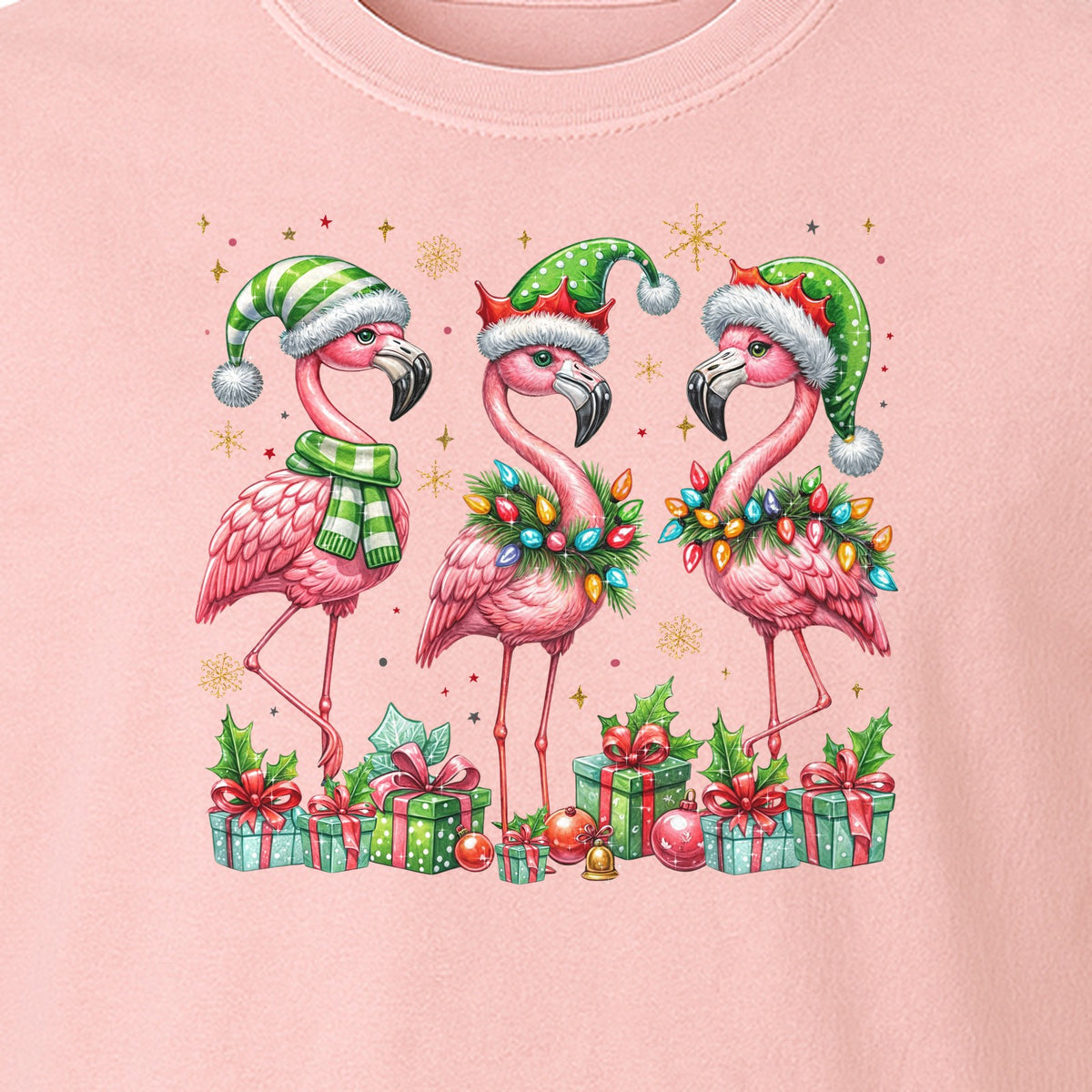 Flamingo Christmas Comfort Colors T-Shirt, Santa Hat Birds with Presents and Ornaments for Tropical Holiday Parties