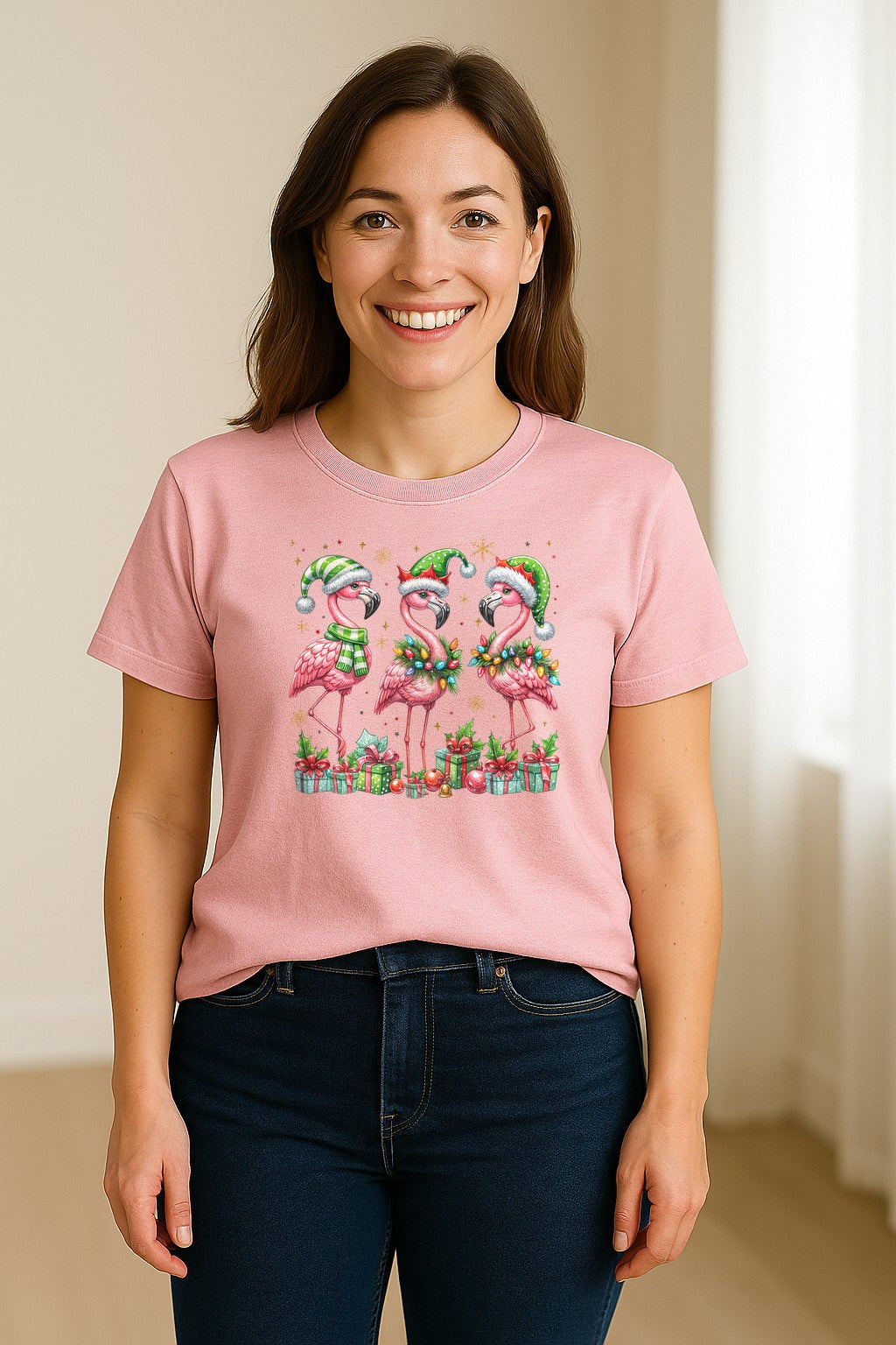 Flamingo Christmas Comfort Colors T-Shirt, Santa Hat Birds with Presents and Ornaments for Tropical Holiday Parties