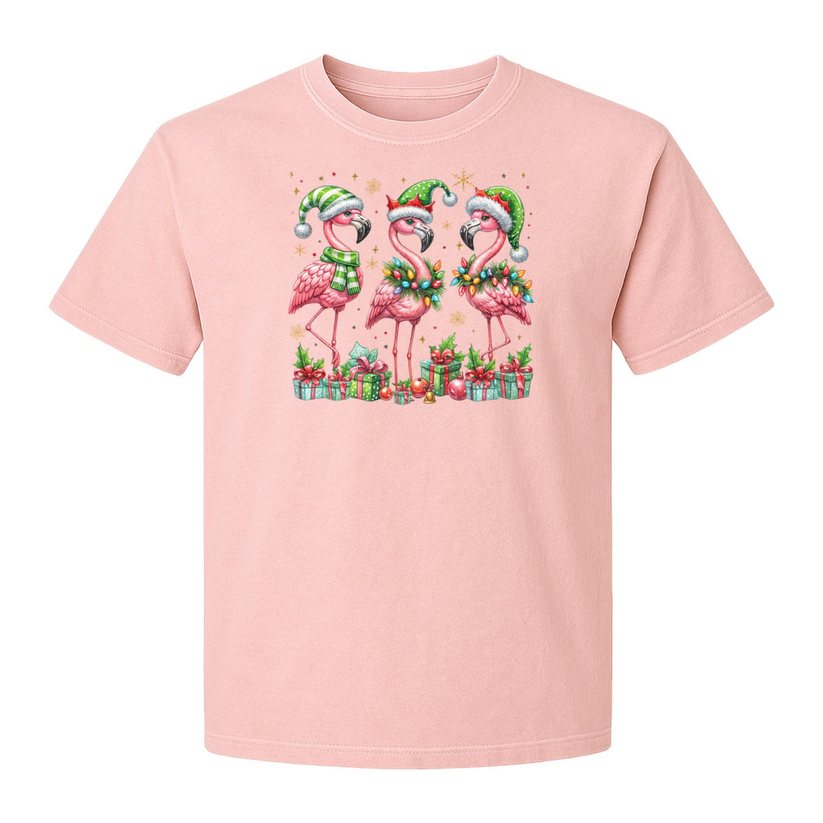 Flamingo Christmas Comfort Colors T-Shirt, Santa Hat Birds with Presents and Ornaments for Tropical Holiday Parties