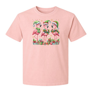 Flamingo Christmas Comfort Colors T-Shirt, Santa Hat Birds with Presents and Ornaments for Tropical Holiday Parties