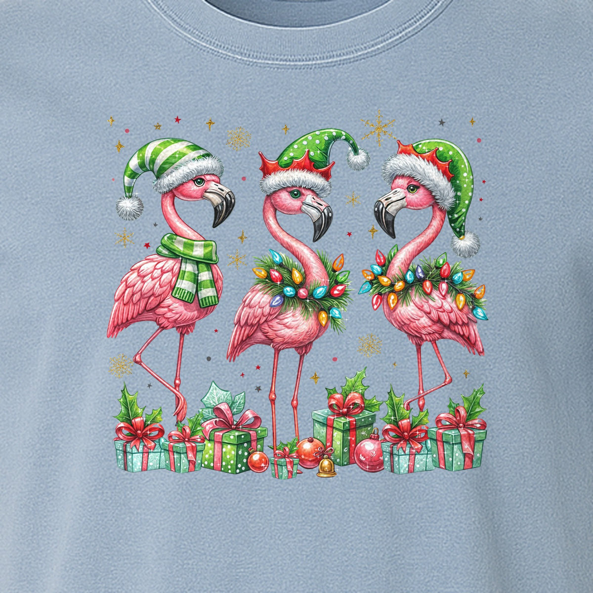 Flamingo Christmas Comfort Colors T-Shirt, Santa Hat Birds with Presents and Ornaments for Tropical Holiday Parties