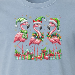 Flamingo Christmas Comfort Colors T-Shirt, Santa Hat Birds with Presents and Ornaments for Tropical Holiday Parties