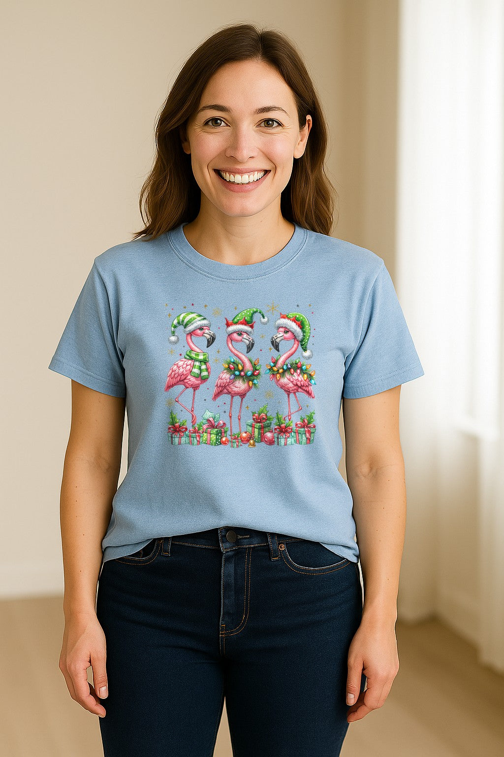 Flamingo Christmas Comfort Colors T-Shirt, Santa Hat Birds with Presents and Ornaments for Tropical Holiday Parties