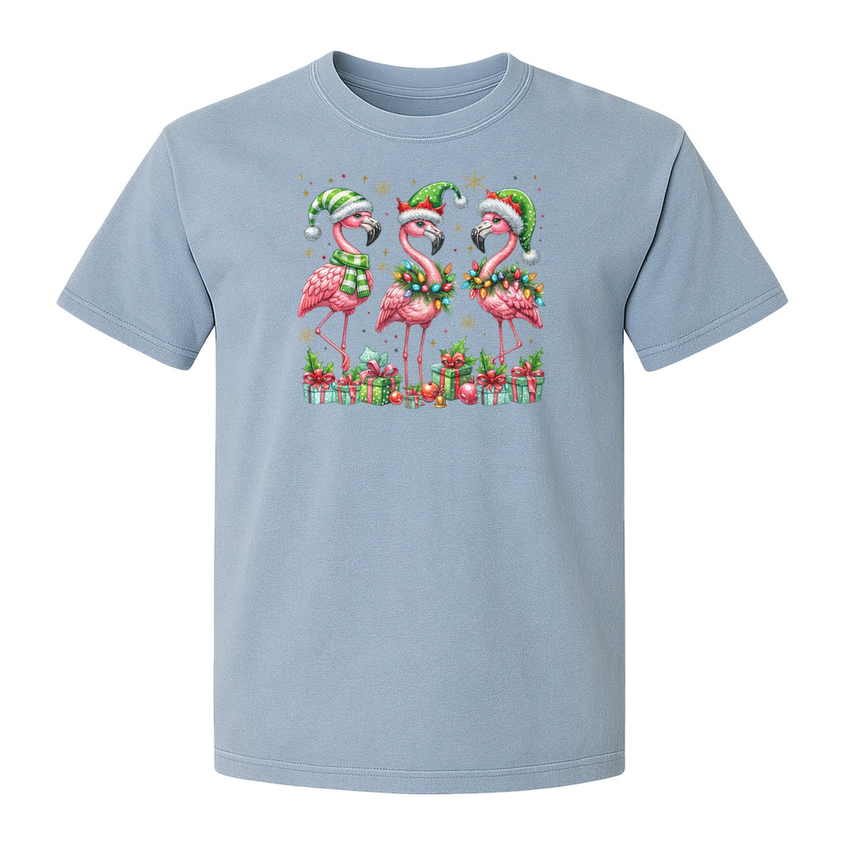 Flamingo Christmas Comfort Colors T-Shirt, Santa Hat Birds with Presents and Ornaments for Tropical Holiday Parties