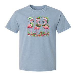 Flamingo Christmas Comfort Colors T-Shirt, Santa Hat Birds with Presents and Ornaments for Tropical Holiday Parties