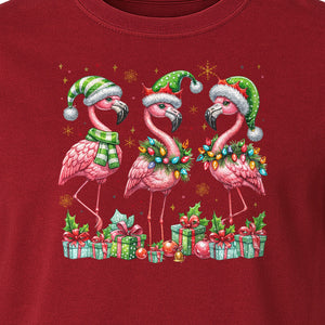 Flamingo Christmas Comfort Colors T-Shirt, Santa Hat Birds with Presents and Ornaments for Tropical Holiday Parties