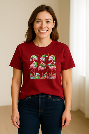 Flamingo Christmas Comfort Colors T-Shirt, Santa Hat Birds with Presents and Ornaments for Tropical Holiday Parties
