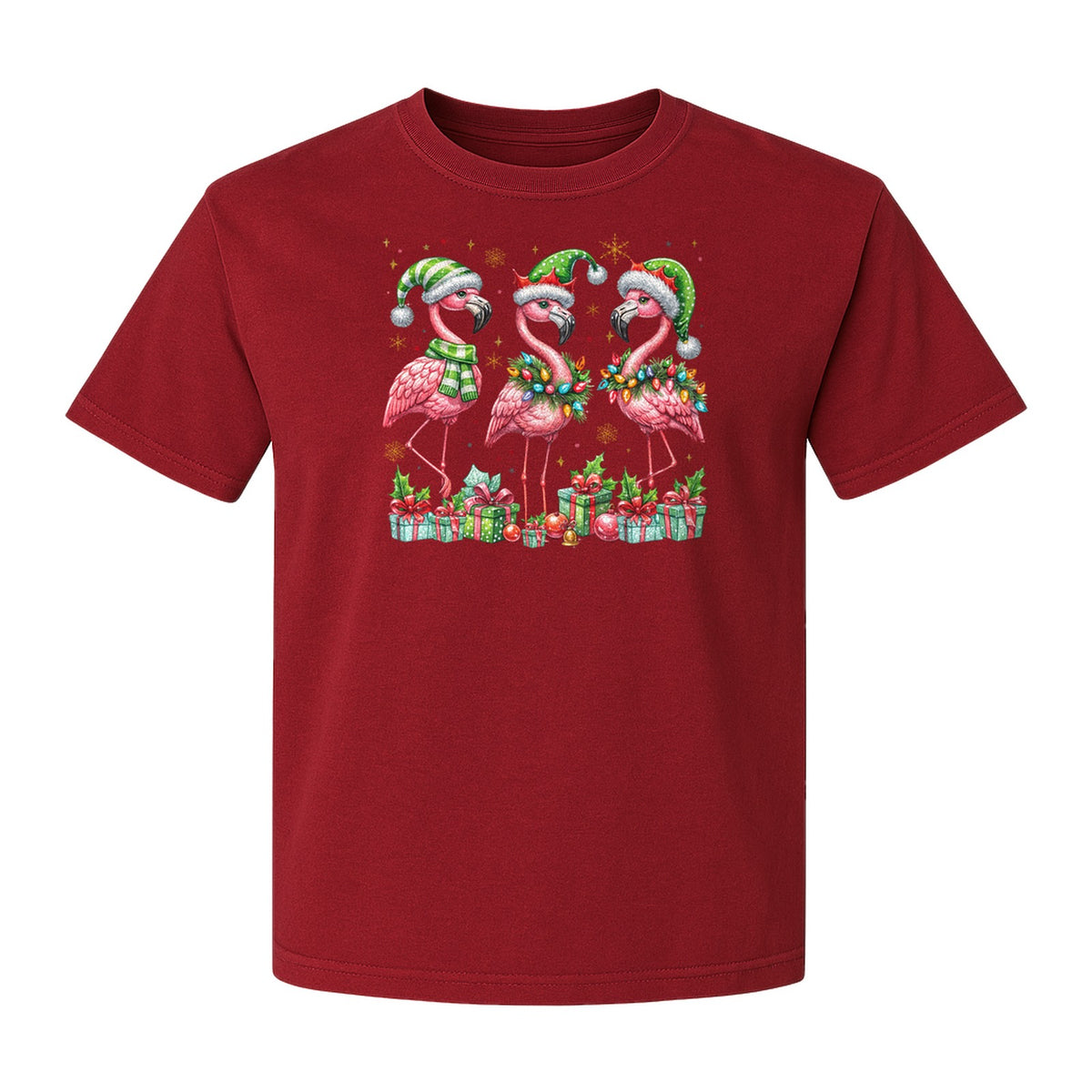 Flamingo Christmas Comfort Colors T-Shirt, Santa Hat Birds with Presents and Ornaments for Tropical Holiday Parties