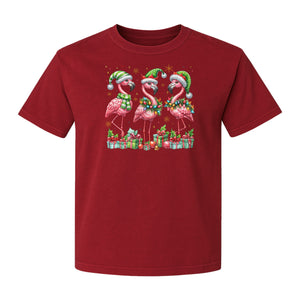 Flamingo Christmas Comfort Colors T-Shirt, Santa Hat Birds with Presents and Ornaments for Tropical Holiday Parties