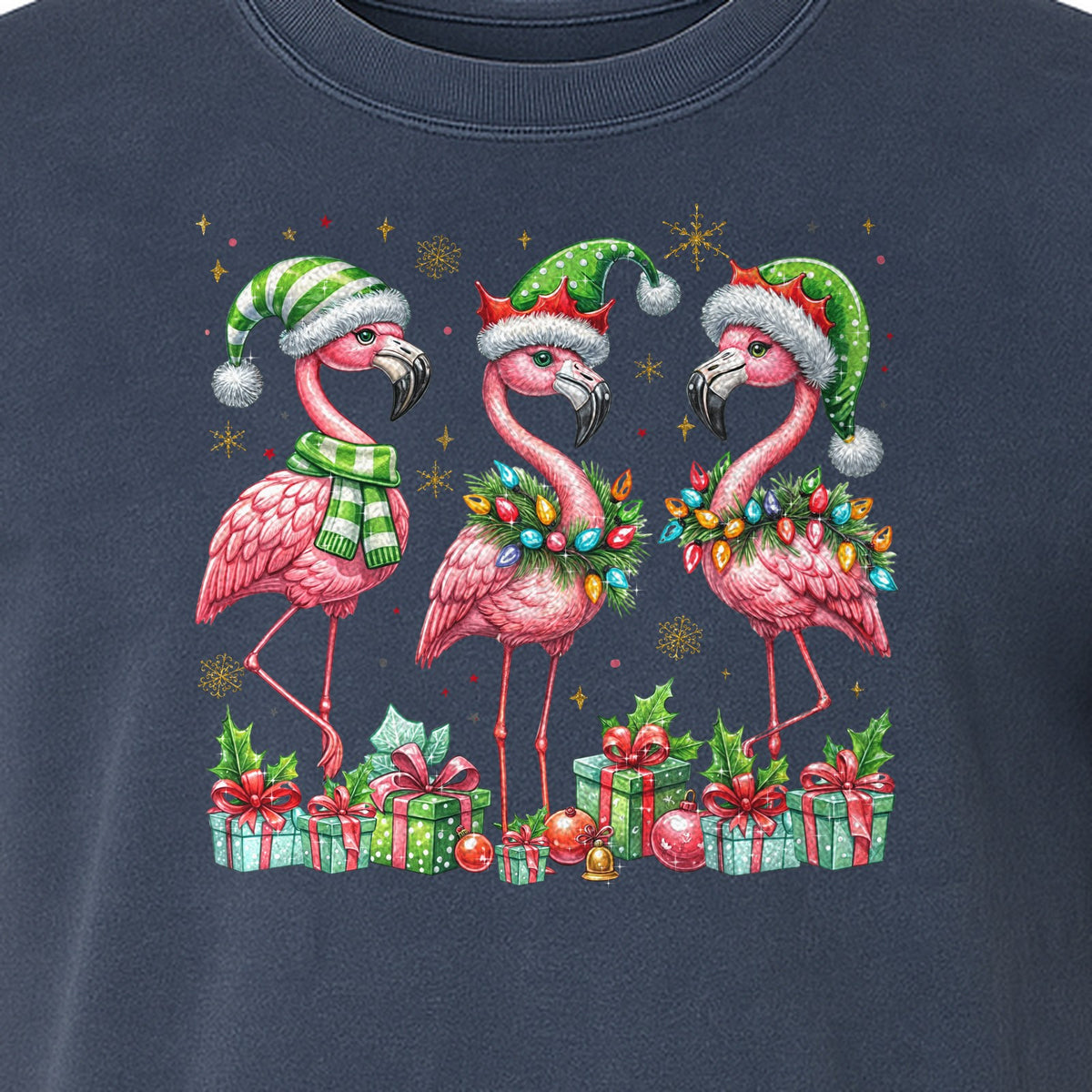 Flamingo Christmas Comfort Colors T-Shirt, Santa Hat Birds with Presents and Ornaments for Tropical Holiday Parties