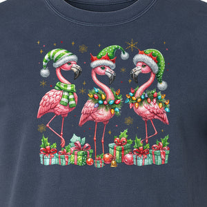 Flamingo Christmas Comfort Colors T-Shirt, Santa Hat Birds with Presents and Ornaments for Tropical Holiday Parties