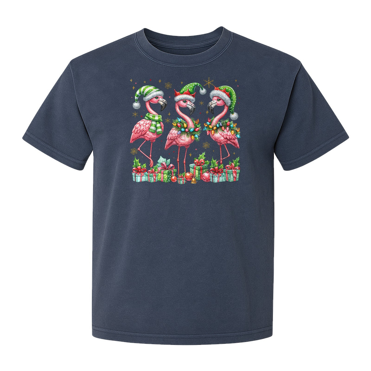 Flamingo Christmas Comfort Colors T-Shirt, Santa Hat Birds with Presents and Ornaments for Tropical Holiday Parties