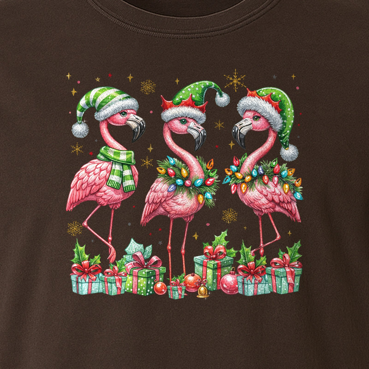 Flamingo Christmas Comfort Colors T-Shirt, Santa Hat Birds with Presents and Ornaments for Tropical Holiday Parties