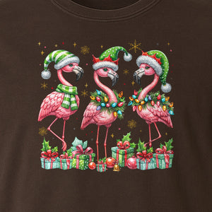 Flamingo Christmas Comfort Colors T-Shirt, Santa Hat Birds with Presents and Ornaments for Tropical Holiday Parties