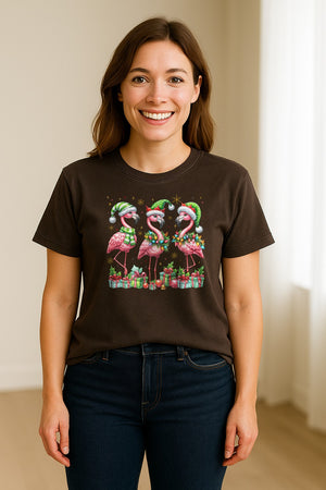 Flamingo Christmas Comfort Colors T-Shirt, Santa Hat Birds with Presents and Ornaments for Tropical Holiday Parties