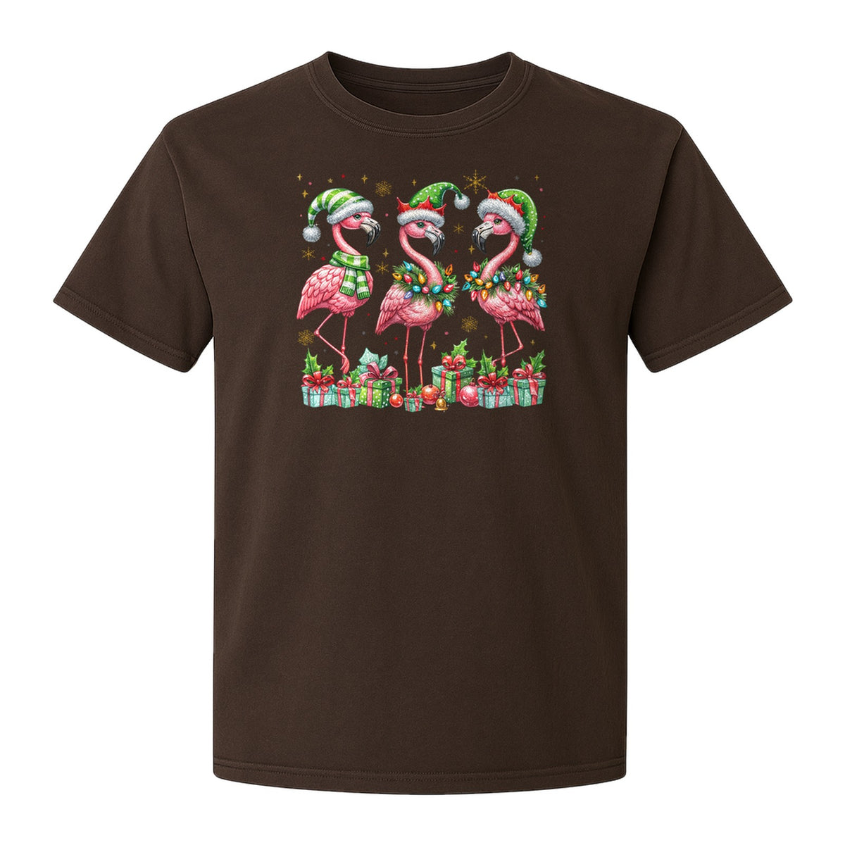 Flamingo Christmas Comfort Colors T-Shirt, Santa Hat Birds with Presents and Ornaments for Tropical Holiday Parties
