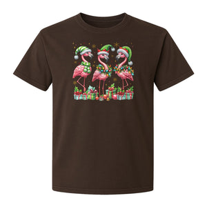 Flamingo Christmas Comfort Colors T-Shirt, Santa Hat Birds with Presents and Ornaments for Tropical Holiday Parties