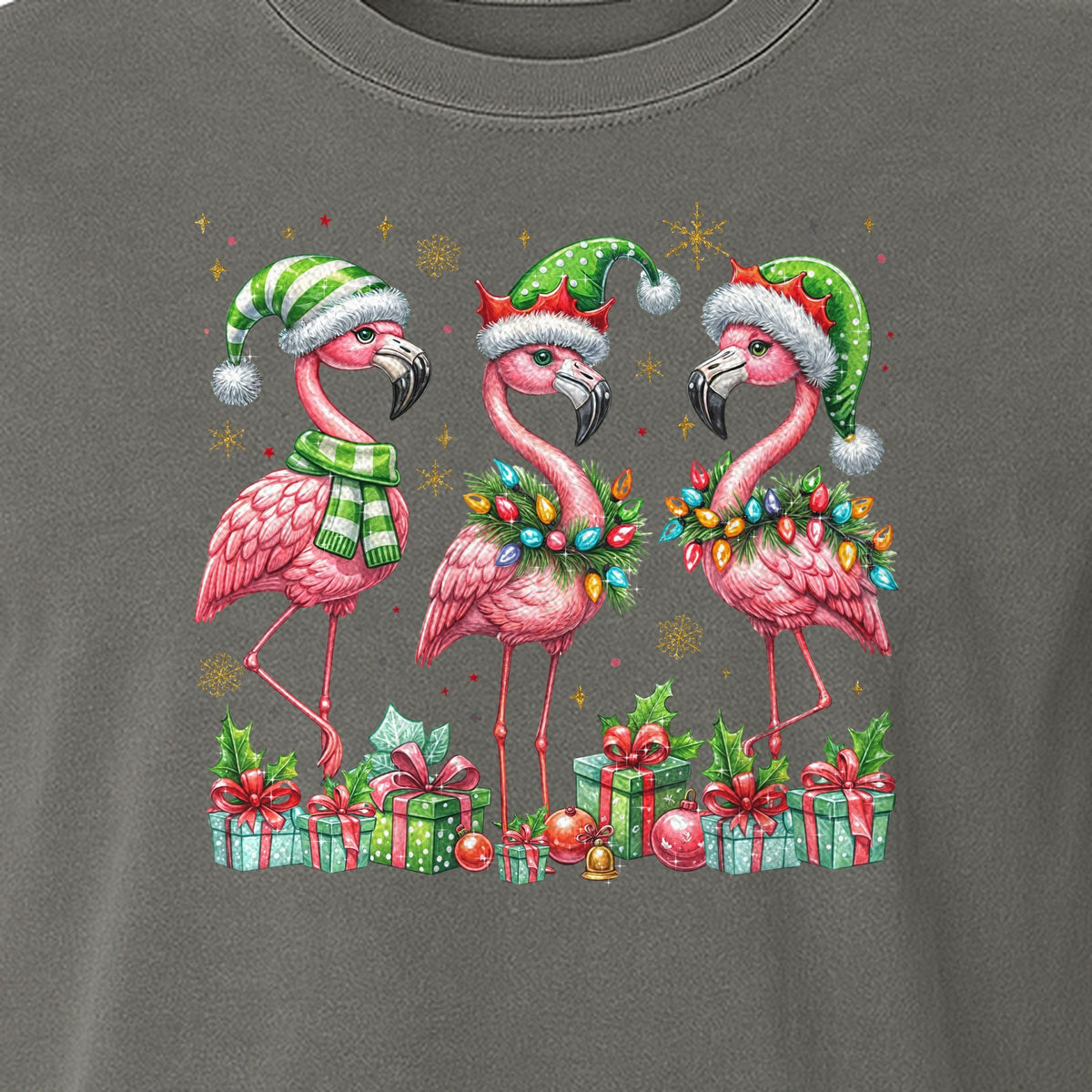 Flamingo Christmas Comfort Colors T-Shirt, Santa Hat Birds with Presents and Ornaments for Tropical Holiday Parties