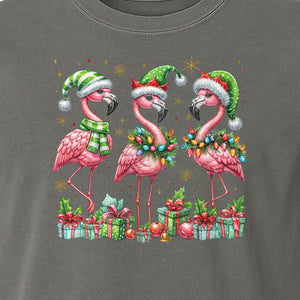 Flamingo Christmas Comfort Colors T-Shirt, Santa Hat Birds with Presents and Ornaments for Tropical Holiday Parties